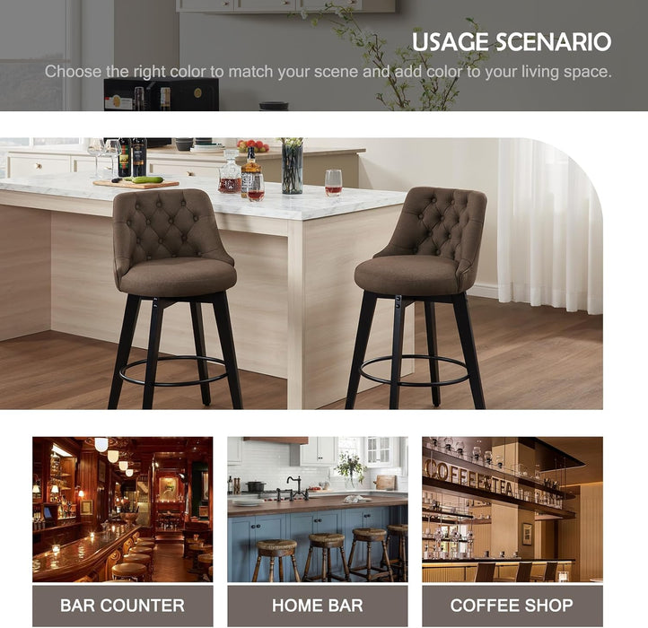 Bar Stools Set of 2, Swivel Barstools with Backs and Wood Legs, 27" Linen Fabric Upholstered Bar Chairs for Kitchen Island, Dining, Cafe, Pub（Sepia）