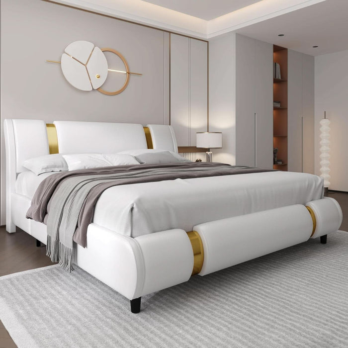 Modern Faux Leather Upholstered Platform Bed Frame with Golden Iron Metal Decor, Adjustable Curved Headboard, Wooden Slats Support, No Box Spring Needed, Queen Size, White