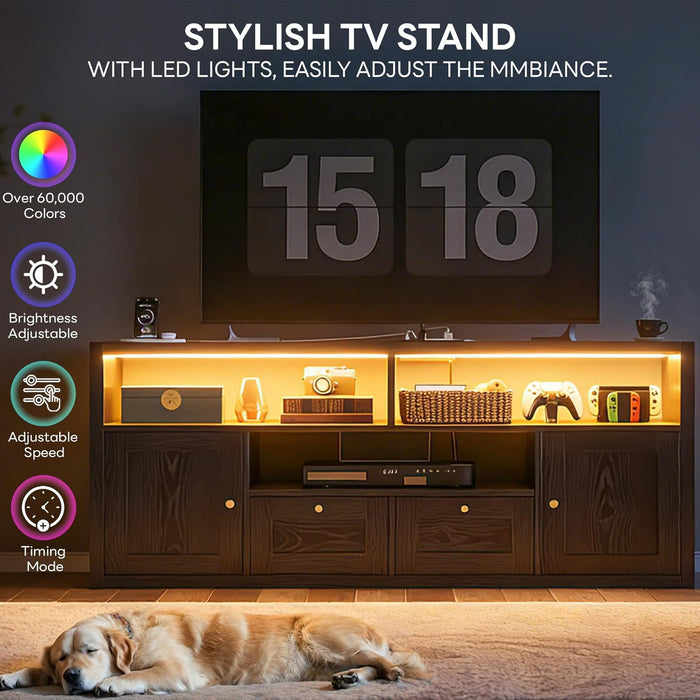 Premium Black TV Stand with 1" Thick Top for 65" TV, Modern TV Console with LED Lights, Charging Station & Storage, High-End Entertainment Center for Living Room and Bedroom