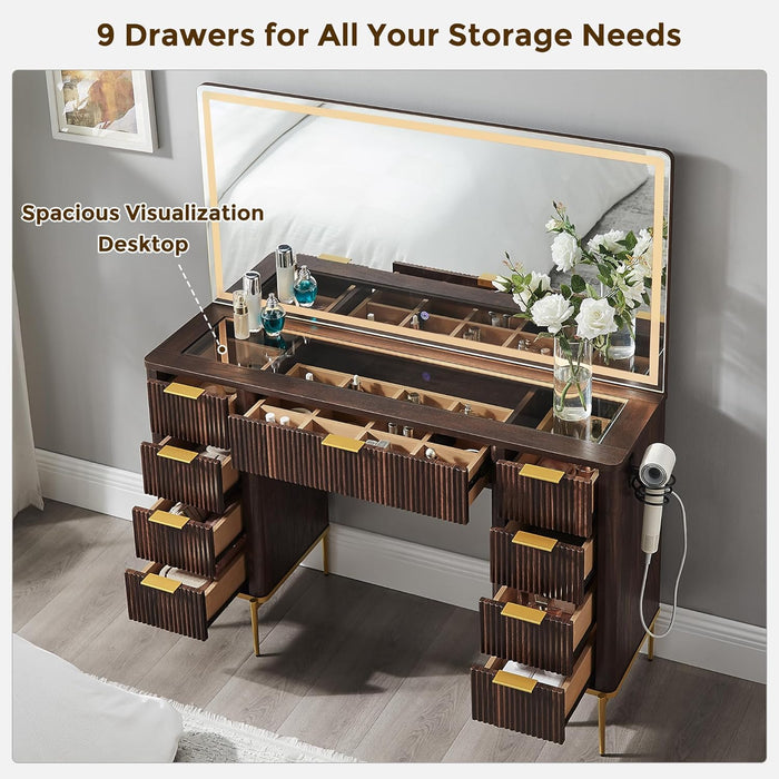 48" Fluted Makeup Vanity Desk with 48" Large Mirror and HD Lights, Modern Vanity Table with 9 Drawers & Charging Station, Glass Top and Golden Handles Dressing Table for Bedroom,Dark Walnut