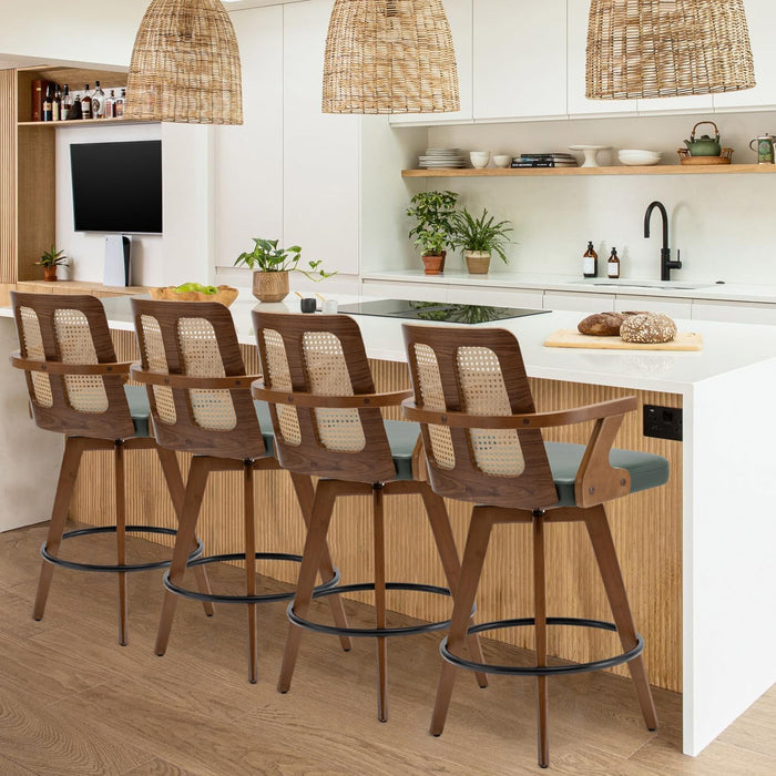 Counter Stools Set of 2 - 27 Inch Swivel Counterstools with Rattan Back, Curved Arms, Upholstered Seat, Adjustable Bamboo Legs, Counter Top Stools for Island/Pub/Kitchen (27" Seat Height, Green)