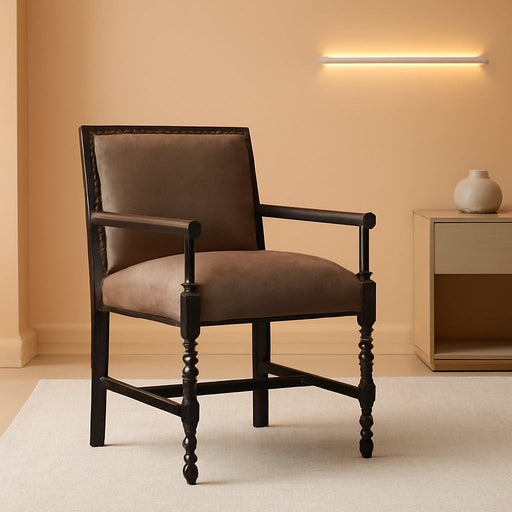 Counter Height Bar Stools Set of 3, 26'' French Leather Barstools with Arms and Backrest, Counter Stool with Solid Rubberwood Frame, Upholstered Farmhouse Bar Stools, Brown-Espresso