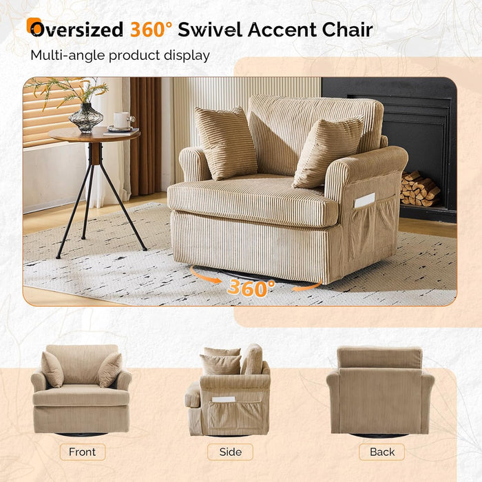 VINGL 39.2" Wide 360° Swivel Accent Armchair with 2 Pillows, Oversized Single Sofa, Chair and a Half with Side Pockets and Wide Armrest for Living Room, Bedroom, Reading Room, Corduroy Khaki