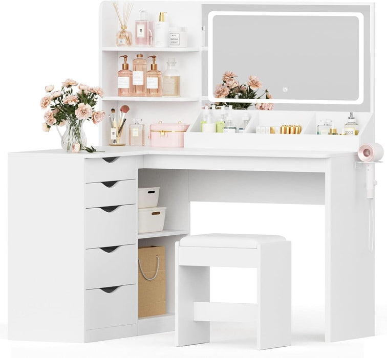 Makeup Vanity Desk with Mirror and Lights, L- Shaped Vanity, Modern Vanity Table with 5 Drawers & Adjustable Shelves, Power Outlet with Fast Charging, for Bedroom (White)