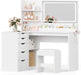 Makeup Vanity Desk with Mirror and Lights, L- Shaped Vanity, Modern Vanity Table with 5 Drawers & Adjustable Shelves, Power Outlet with Fast Charging, for Bedroom (White)