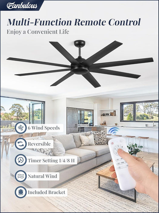 72 Inch Ceiling Fan No Light, Black Ceiling Fan with Remote, 6-Speeds, Quiet Reversible DC Motor, Industrial Ceiling Fans without Lights for Living Room, Garage, Patio, Indoor/Outdoor Use
