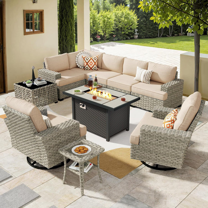 Outdoor Sectional Patio Furniture Set with Fire Pit Table,10 Pieces Wicker Conversation Sets L Shaped Couch,Extra Deep Out Door Sofa outside Furniture with Swivel Chairs,Beige