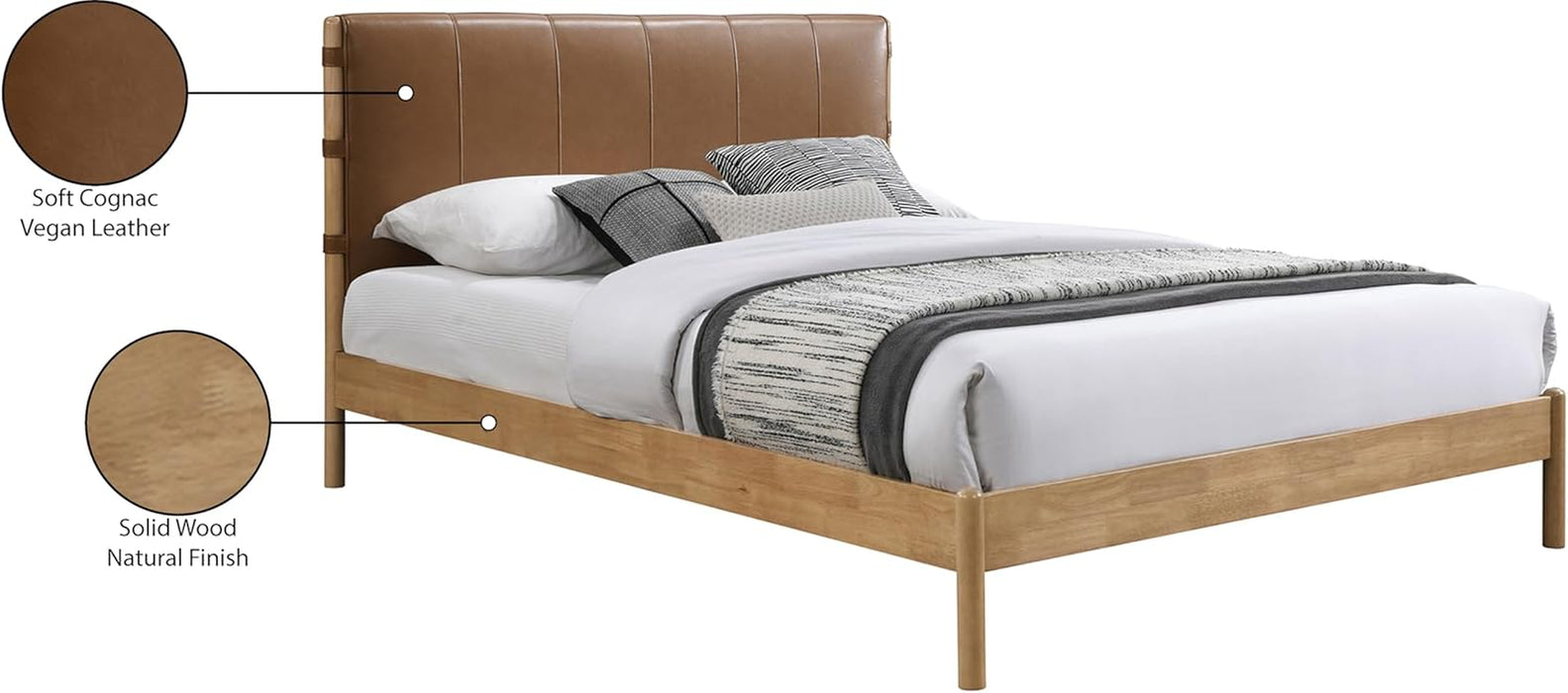 Ashercognac-Q Asher Collection Mid-Century Modern Queen Bed with Soft Cognac Vegan Leather, Solid Wood Natural Finish, 63.75" W X 85.5" D X 43.75" H, Cognac, Queen