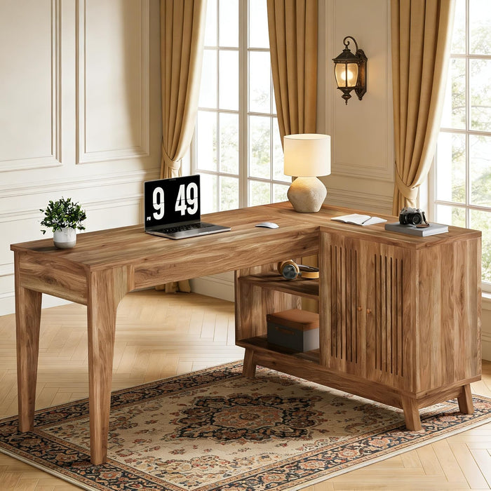 L Shaped Desk with Storage Cabinet & Shelves, 57" Large Corner Computer Desk for Home Office, Modern Wood Writing Desk with Smart One-Side Storage, Space-Saving Workstation for Study & Work