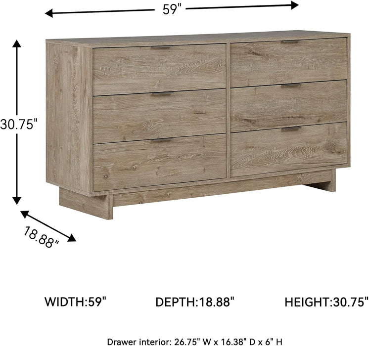 Oliah Rustic 6 Drawer Dresser, Light Brown