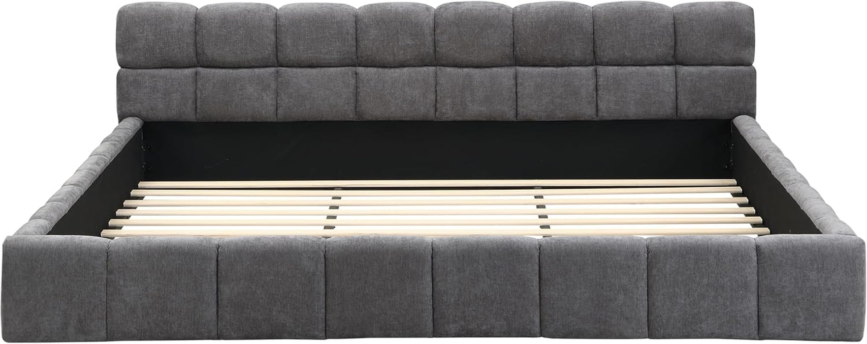 King Size Elegant Chenille Upholstered Platform Bed with Thick Headboard and Footboard, Block Style Upholstery Grounded Bed Frame, Gray