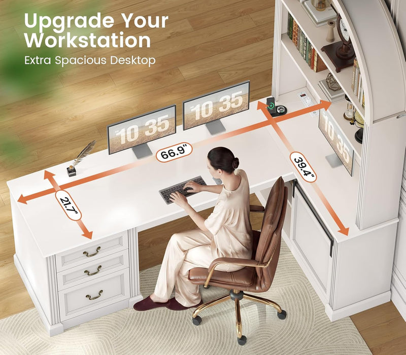 67" L Shaped Desk with Tall Arched Bookshelf, Mid-Century Office Computer Desk with 3 Drawers and Storage Shelves, Corner Executive Desk with Sliding Barn Door for Home Office, White