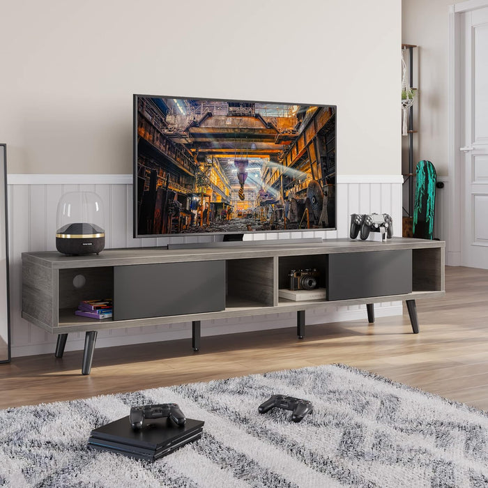 70 Inch Mid Century Modern TV Stand for 75 Inch Tvs, Low Profile Entertainment Center with Storage, Cord Management for Living Room, Gray Wash