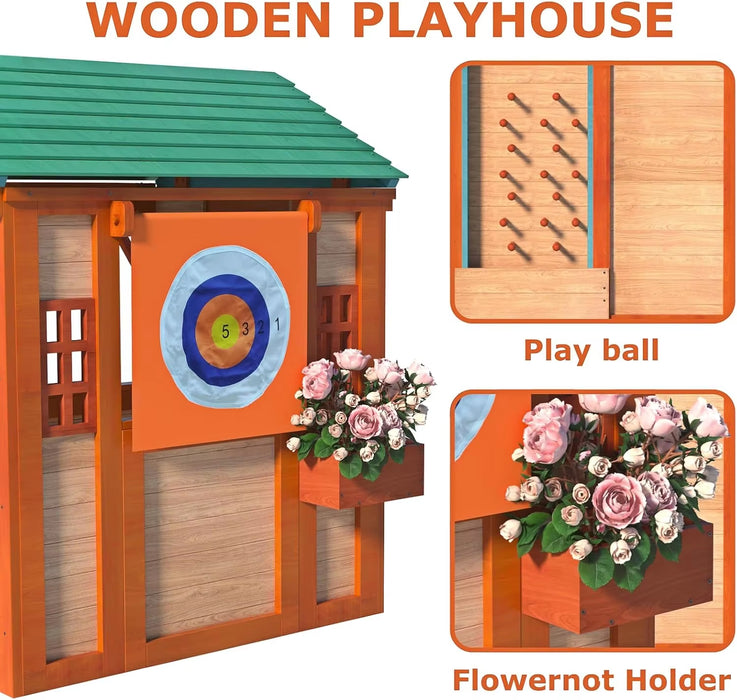 Outdoor Wood 4-In-1 Game House for All Kids, Boys and Girls Ages 3+, Garden Playhouse with Different Games on Every Surface