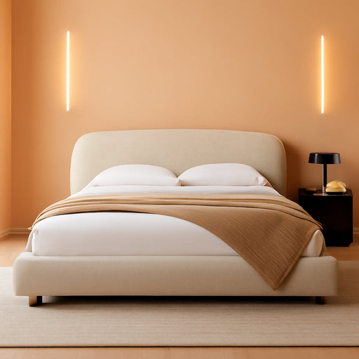 King Size Teddy Fleece Thick Fabric Upholstered Platform Bed with Curved Shaped Headboard, Wood Bed Frame with Solid round Legs for Kids Teens Adults, White