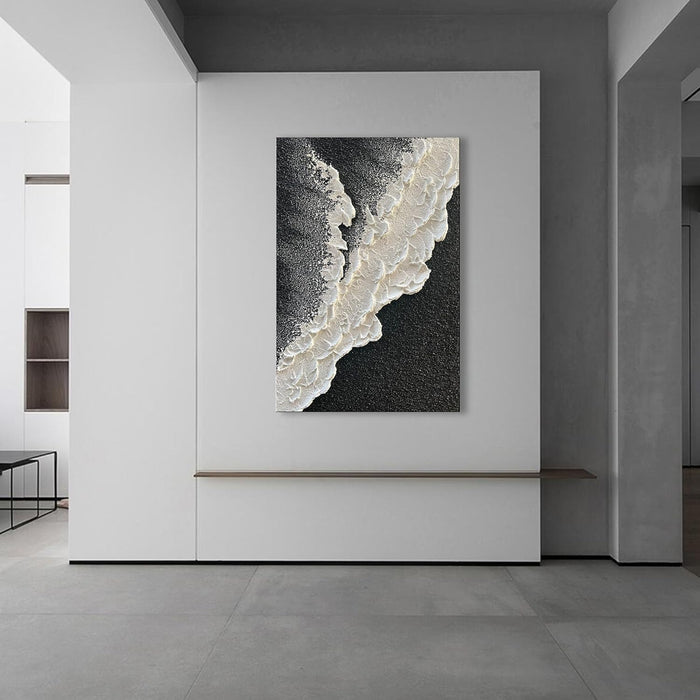 Handcrafted Thick Texture Black and White Abstract Canvas Art Ocean Wave Beach Landscape Oil Painting Home Wall Art Deco Oil Painting 24X36 Inches