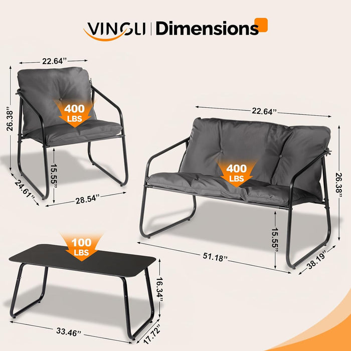4 Piece Patio Conversation Set, Outdoor Furniture Set with Glass Coffee Table & Comfortable Cushion, All-Weather Cushioned Seating for Garden, Backyard, Porch, Grey