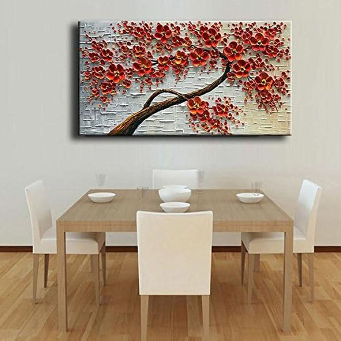 - Hand-Painted Oil Painting on Canvas Texture Palette Knife Red Flowers Paintings Modern Home Decor Wall Art Painting Colorful 3D Flowers Tree Paintings Ready to Hang 24X48Inch