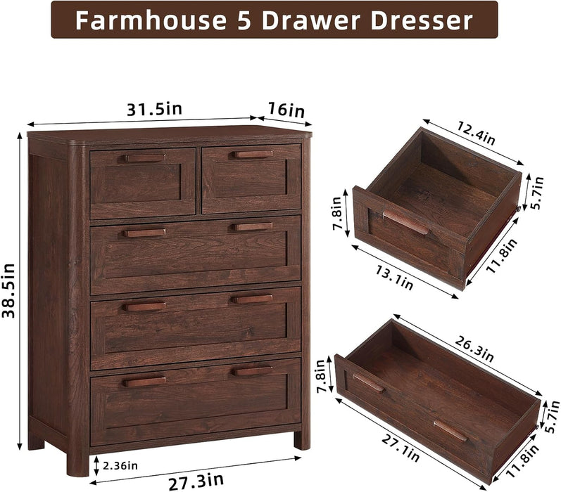 Farmhouse 5 Drawer Dressers for Bedroom, Walnut