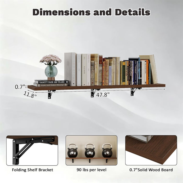 48" Floating Folding Shelves, Set of 2, Wall Mount, Solid Wood Shelf