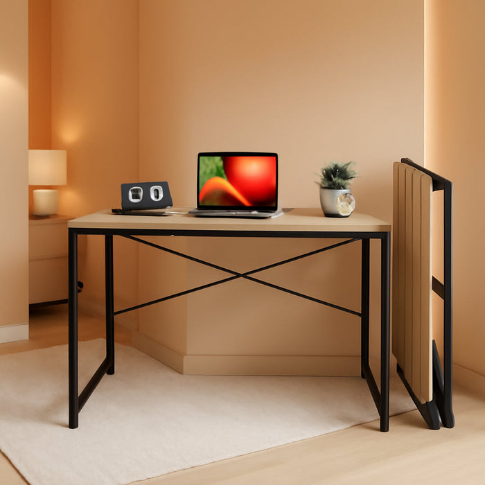 Small Folding Desk 31.5 Inch No Assembly Required Computer Desks, Spaces Saving Foldable Table for Bedroom, Home Office, Dorm, Apartment, Kids, Beech