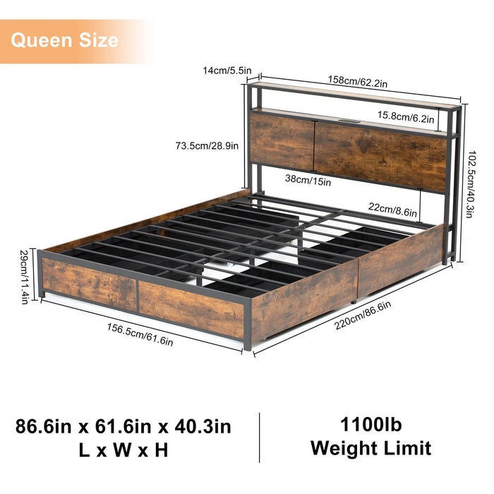 LED Queen Bed Frame with Storage Headboard & 4 Drawers, Industrial Metal Platform Bed with Power Charging Station & USB Ports