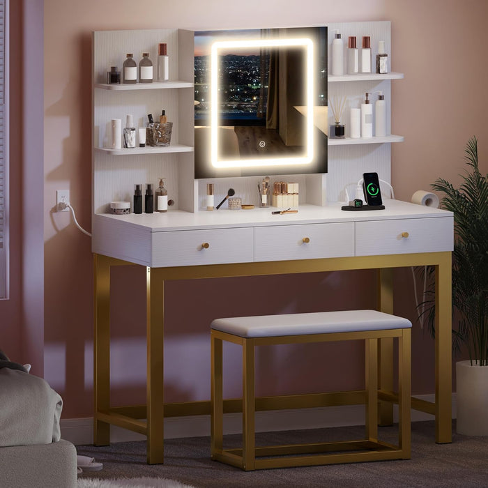 Makeup Vanity Desk Set with Mirror and Lights & Charging Station & Makeup Stool, 3 Drawers Vanity Table with 3 Hidden Storage Shelves for Bedroom (White & Gold) 39.5" W, Upgraded