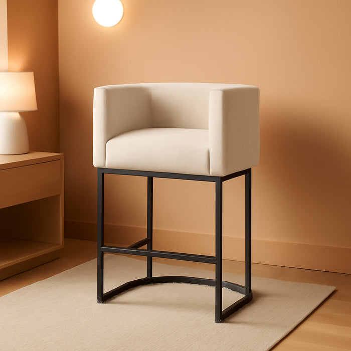 27" H Counter Height Bar Stools, Modern Barrel Counter Stools with Backrest and Arms, Black Metal Frames, Linen Fabric Upholstered Accent Barstools for Kitchen Island, Linen Color