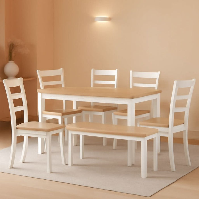 Gesthaven Casual Modern Dining Room Table Set with 4 Chairs and Bench, Set of 6, Mango Wood, 30.25" Table Height, White & Light Brown