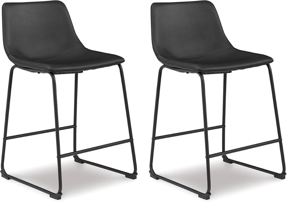 Signature Design by Ashley Counter Height Bar Stool, Set of 2, Black | French Black Faux Leather, Contoured Bucket Seat, Sturdy Metal Frame, 24 Inch Class, Centiar Series