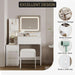 Vanity Desk with Mirror and Lights, Makeup Vanity with Power Outlet, 3 Color Adjustable Light, Dressing Table with 4 Drawers, Storage Shelves & Stool for Bedroom, White