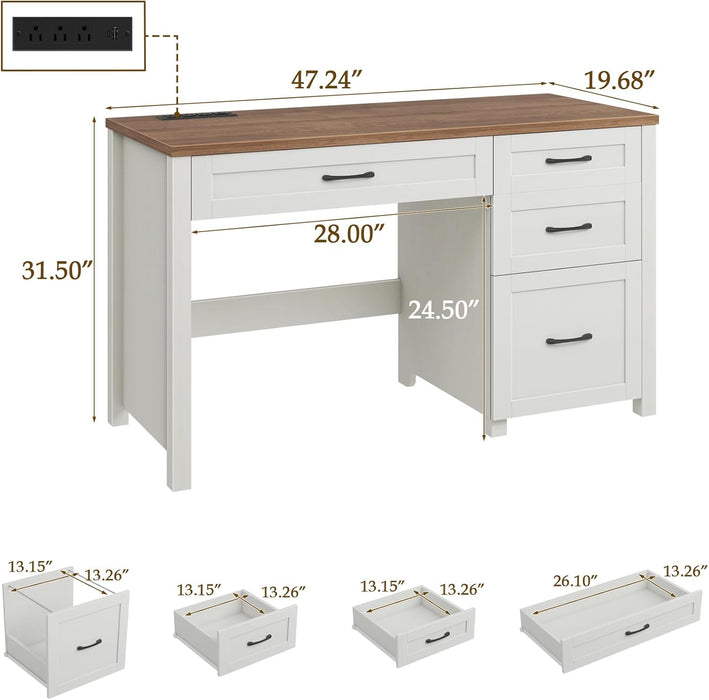 Farmhouse 47" Executive Desk, Computer Desk with File Drawer and Charging Station, Workstation for Home Office & Study.Off White