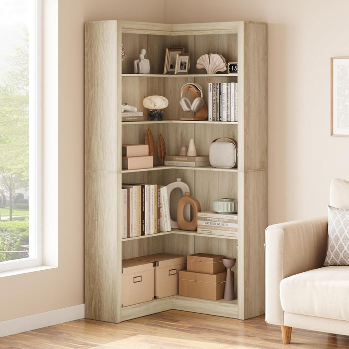 Corner Bookshelf 71 Inch Weathered WalnutFinish Organizer