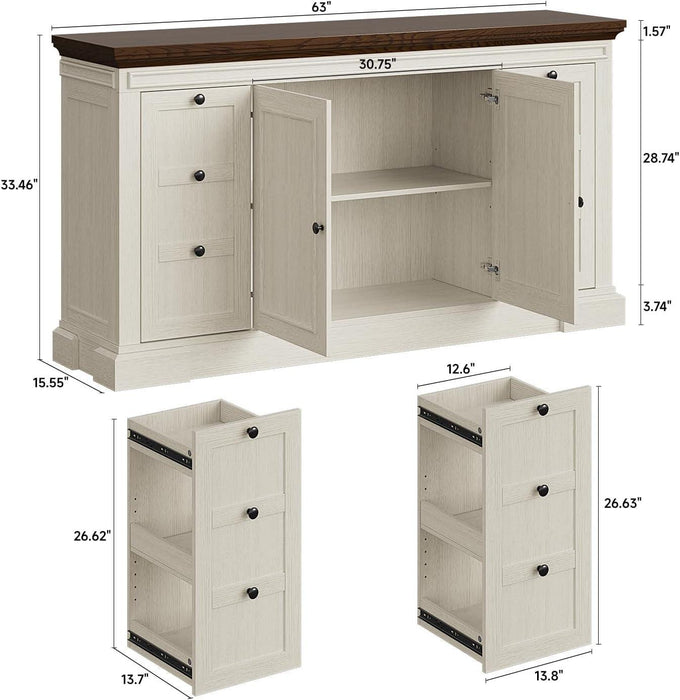 Sideboard Buffet Cabinet with Storage, 63" Large Credenza Kitchen Storage Cabinets with Drawer and Door, Wood Coffee Bar Table with Adjustable Shelf for Living Room, Kitchen, American Retro, off White
