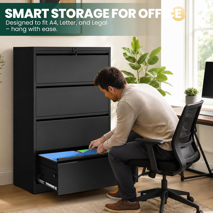4 Drawer Lateral File Cabinet, Metal Filing Cabinet for Home Office, Black