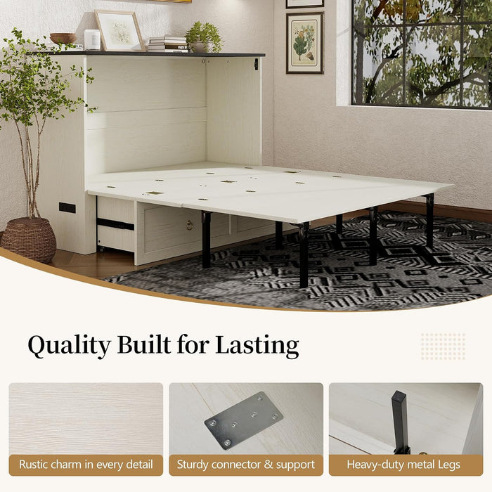 Rustic White Queen Size Murphy CabinetBed USBCharging
