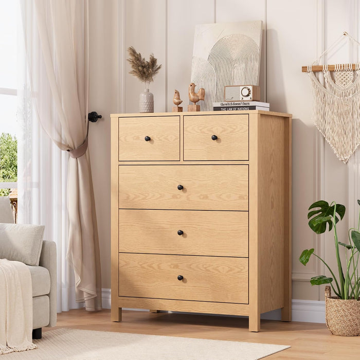 Natural 5 Drawer Dresser, Tall Modern Dresser for Closet, Bedroom