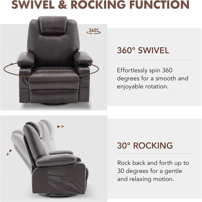 Oversized Swivel Rocker Recliner Chair with Heat and Massage, 360 Degree Swivel Rocking Single Sofa with Cup Holders and USB Port, Big Large Recliner Chair for Living Room (Leather, Brown)