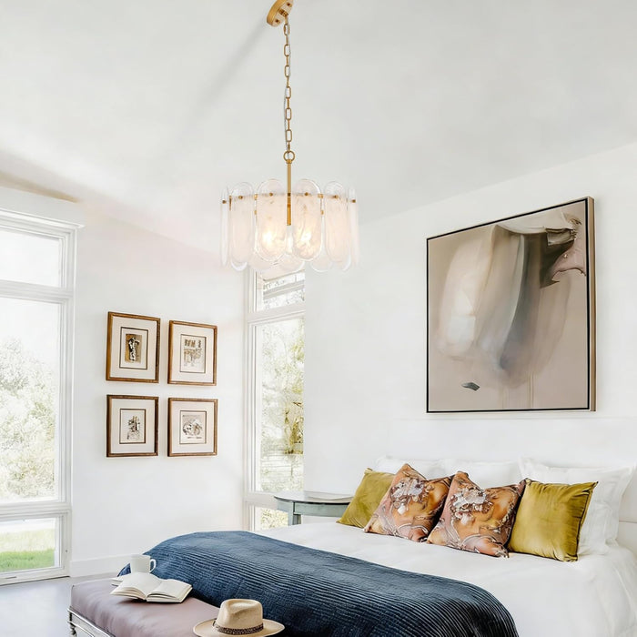 Modern Gold Chandelier, 18.3’’ Luxury Glass Chandelier for Dining Room Clound Glass 3-Light Drum Pendant Light Fixture for Bedroom Kitchen Island Entryway