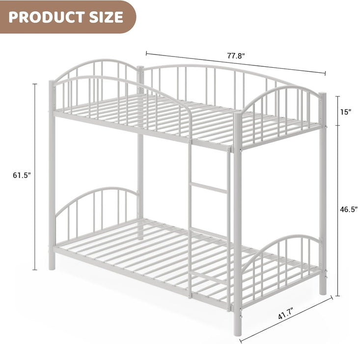 Metal Bunk Bed Twin over Twin, Heavy Duty Bunkbeds Frame with Arched Guardrail and Safety Ladder, Sturdy Steel Bed for Kids Boys Girls, Space-Saving, No Box Spring Needed, Modern White
