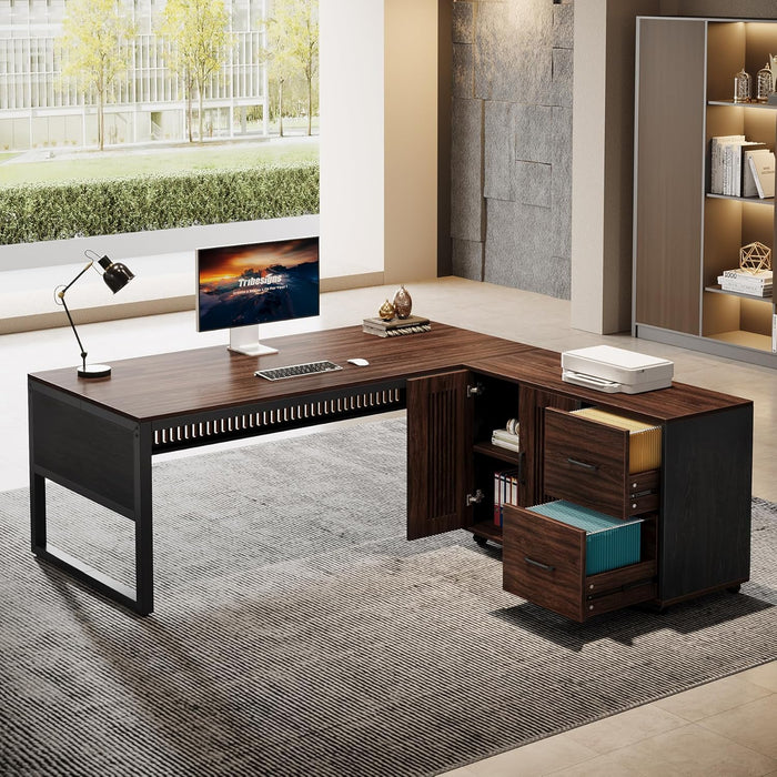 63-Inch L-Shaped Executive Desk, Modern Office Desk with Mobile File Cabinet, Large Executive Desks with Drawer, Business Furniture for Home Office, Dark Walnut & Black