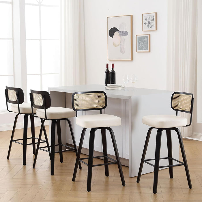 Swivel Counter Height Bar Stools Set of 4, Upholstered Faux Leather Barstools with Rattan Back, 26" Seat Height Bar Chairs Island Stools for Kitchen Counter, Black Wood Frame, Cream White