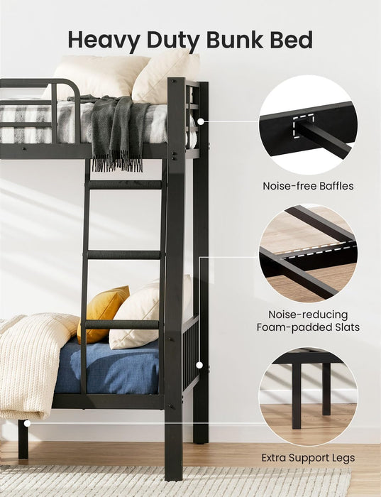 Full XL over Queen Bunk Bed for Adults, Heavy Duty Metal Queen Bunk Bed Frame with Reinforced Steel Slats, Full-Length Guardrails & Anti-Slip Ladder, Noise-Free, No Box Spring Needed, Black