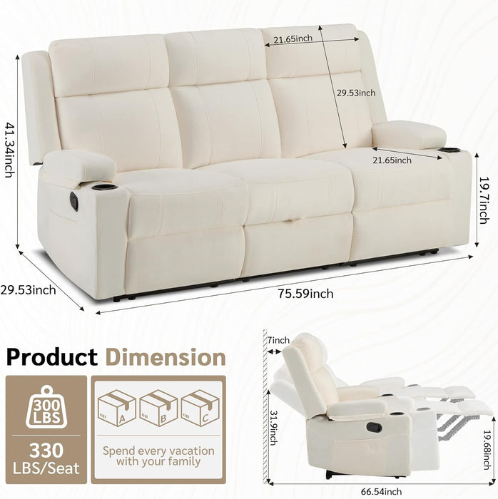 Manual Reclining Sofa, Space-Saving Reclining Couch with Convertible Table & Cup Holders & Storage Pockets, Compact 3-Seater Recliner Couch for Living Room, Home Theater & Apartment (Beige)