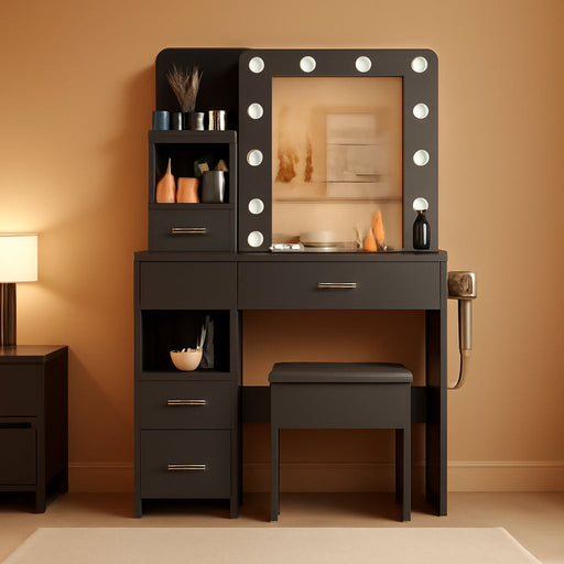 Vanity Desk with Mirror and Lights, 3 Adjustable Lighting Makeup Vanity Desk with 3 Storage Shelves, 5 Large Drawers and Power Outlet, Vanity with Chair for Bedroom, Black