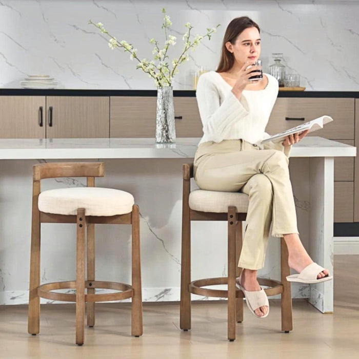 Bar Stools Set of 2, 26" Linen Fabric Upholstered Counter Height Bar Stools, Modern Barstools Counter Stools with Wood Legs for Kitchen Island Dining Room Bar, Beige