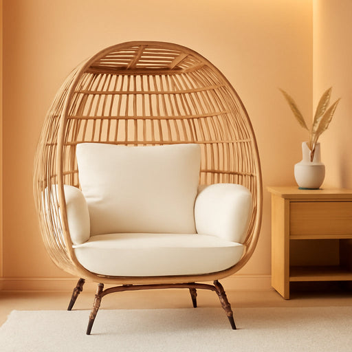 Wicker Egg Chair, Oversized Indoor Outdoor Lounger for Patio, Backyard, Living Room W/ 4 Cushions, Steel Frame, 440Lb Capacity - Ivory