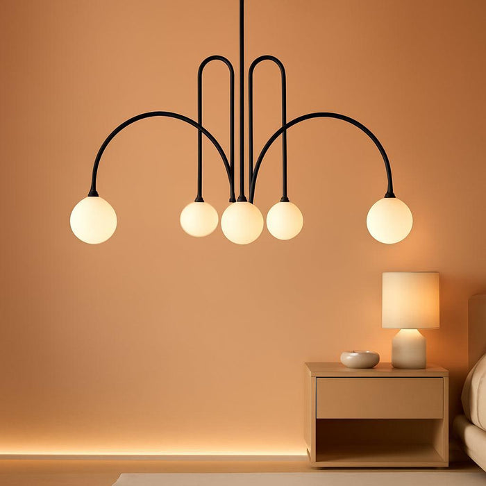 Modern Black Chandelier 6 Lights Sputnik Chandelier for Dining Room Large L40” Mid Century Ceiling Pendant Light Fixtures with Withe Glass Globe Shades for Foyer Bedroom