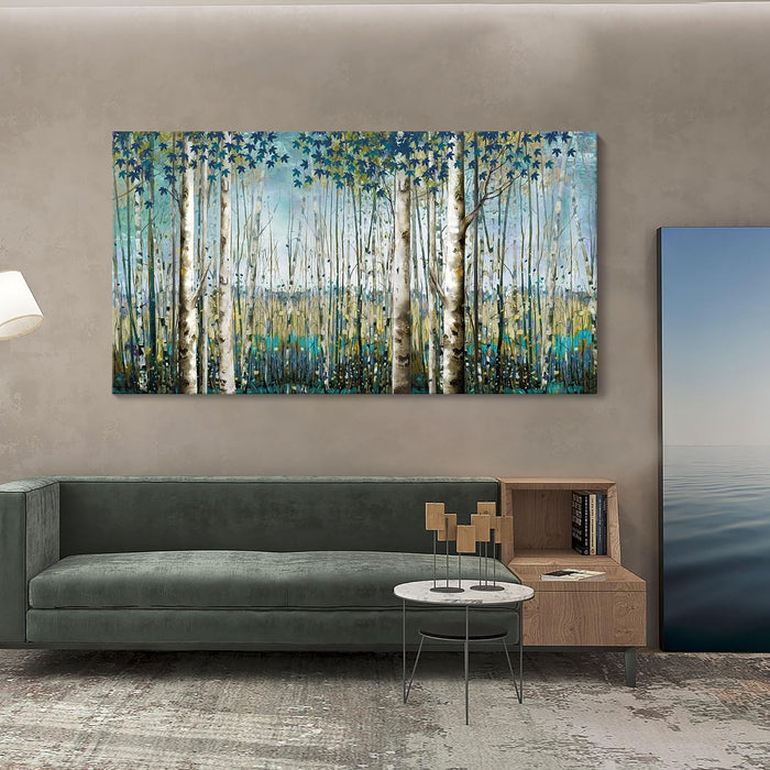 Large Framed Birch Tree Canvas Wall Art Nature Painting for Home Decor | Teal Artwork for Living Room, Bedroom, and Office Pictures for Living Room 24×48IN