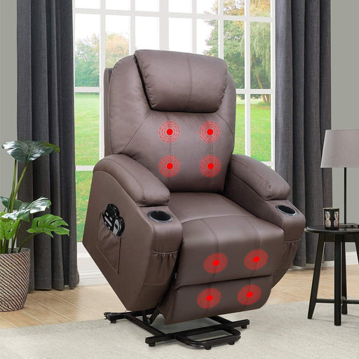 Power Lift Recliner Chair PU Leather with Massage for Elderly Ergonomic Lounge Chair Classic Single Sofa with 2 Cup Holders Side Pockets Home Theater Seat (Leather, Brown)